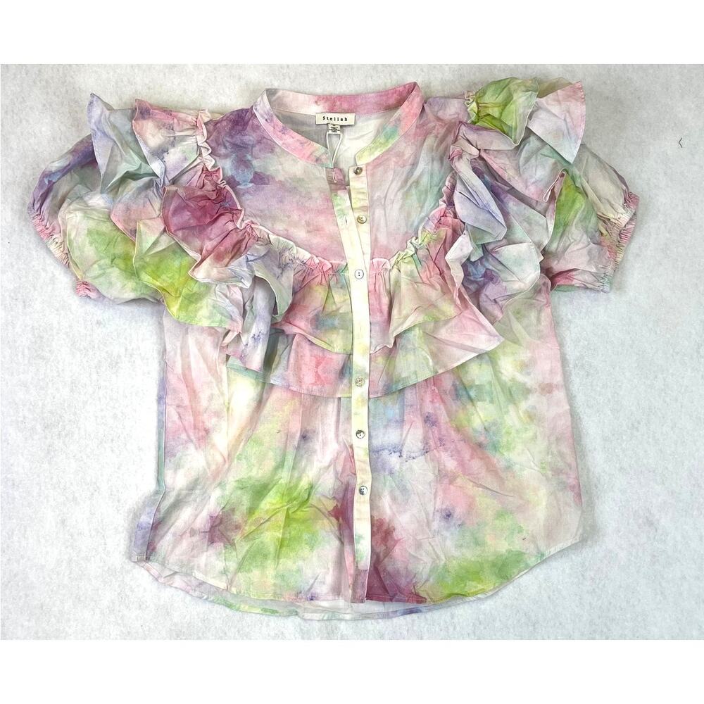 NWT Stellah Tie Dye pastel party Ruffled Top, Medium